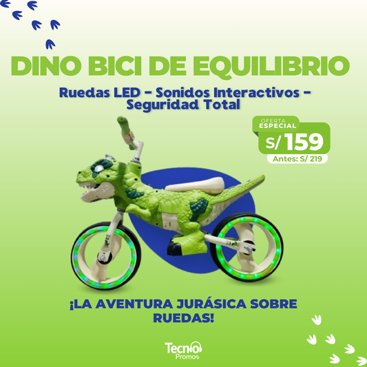 DINO T-REX VERDE BICICLETA DE EQUILIBRIO LLANTAS LED