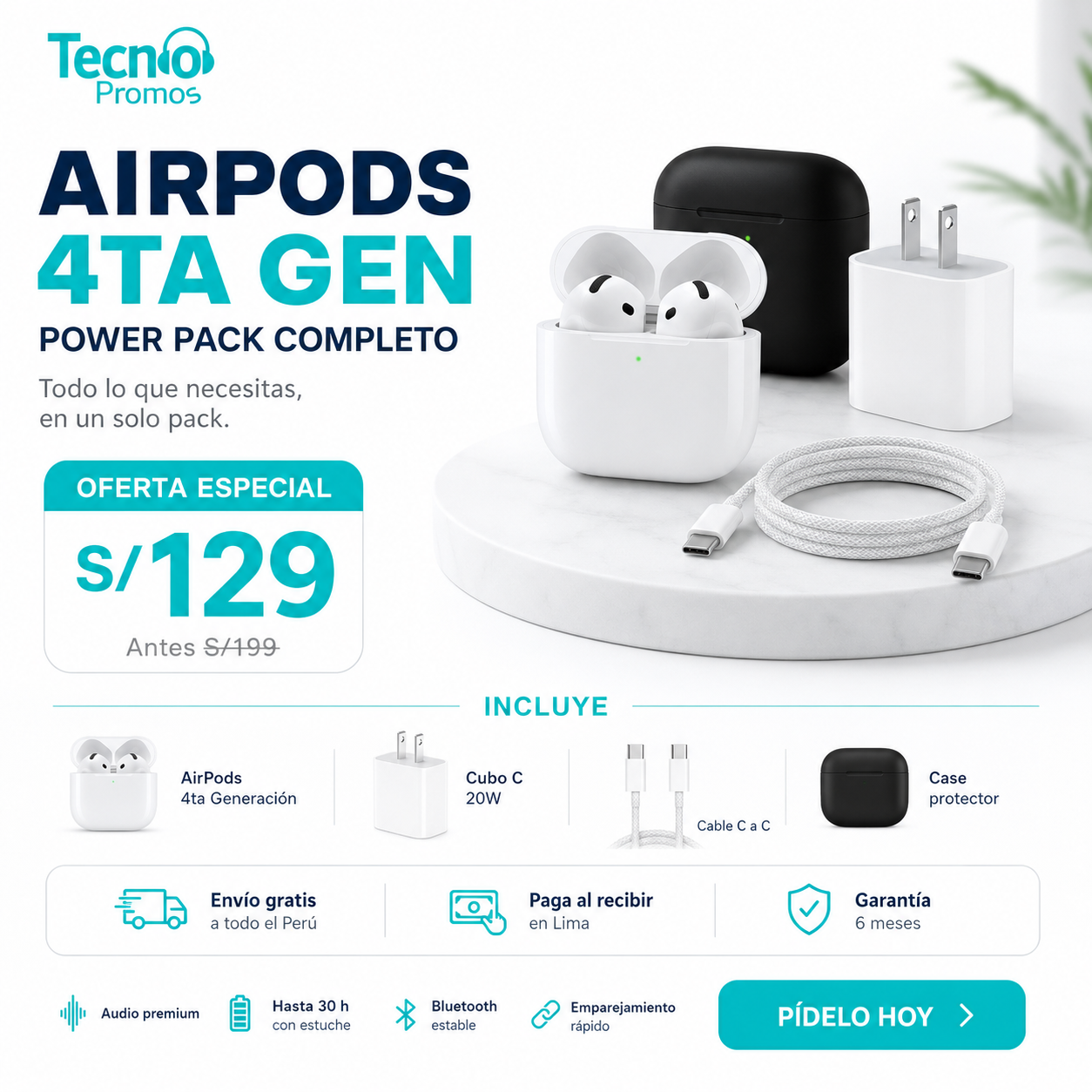 AirPods 4ra Generación +Cubo C 20W+ Cable C a C + Case — foto 1