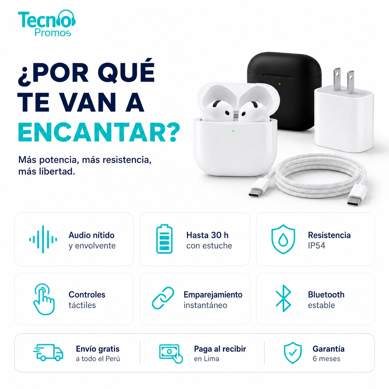 AirPods 4ra Generación +Cubo C 20W+ Cable C a C + Case — foto 3
