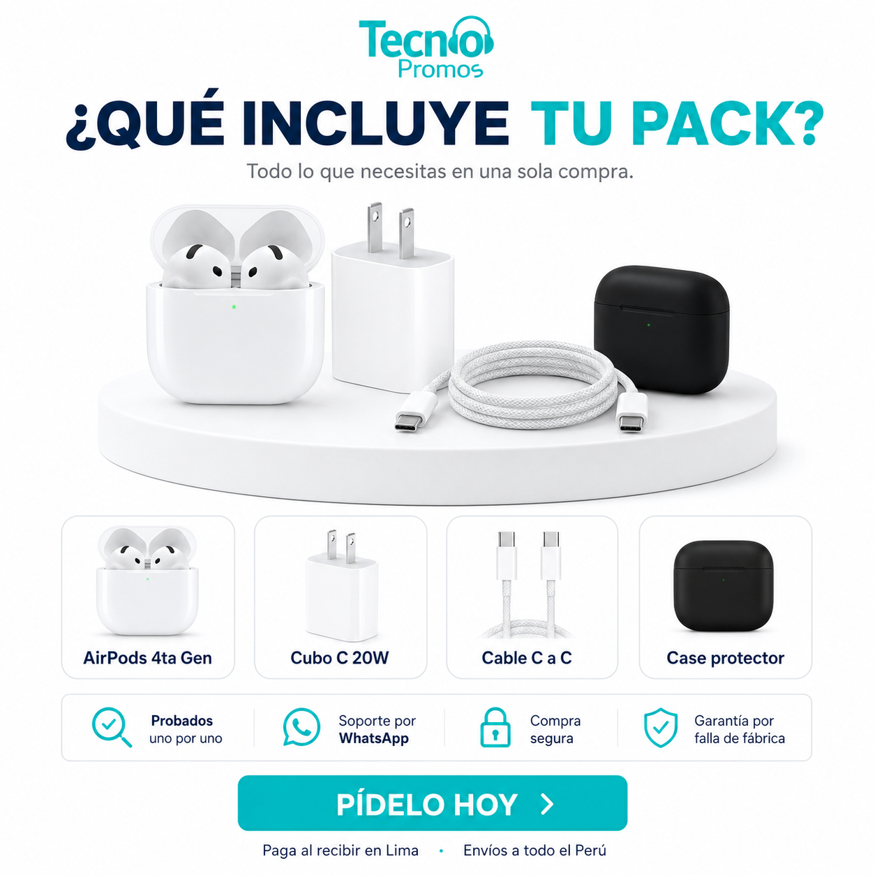 AirPods 4ra Generación +Cubo C 20W+ Cable C a C + Case — foto 2
